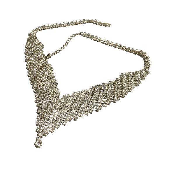 Vintage Silver Choker Necklace Rhinestone Encrusted Clear White Bib Collar Disco - Picture 7 of 10